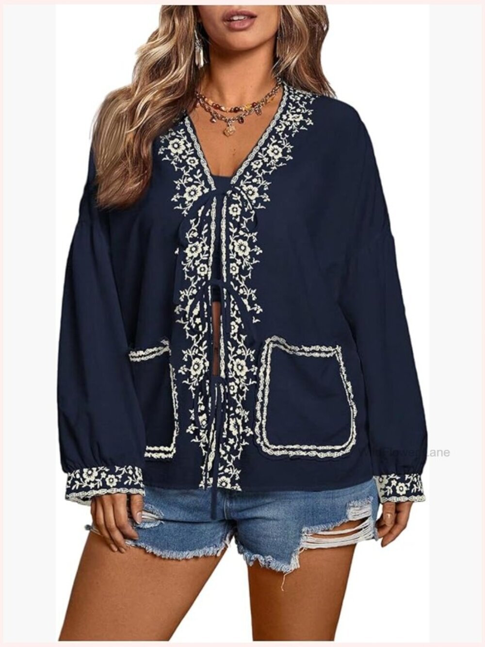 Plus Size Floral Tie Front Long Sleeve Blouse Boho Embroidery Loose Top